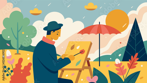 Rain or shine an artist is always ready to sketch the parks enchanting scenery from the blooming spring flowers to the golden hues of autumn.. Vector illustration