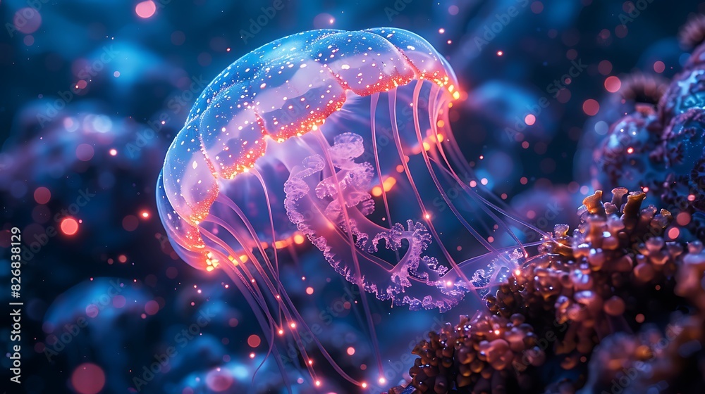 jellyfishlike alien with bioluminescent tendrils on a water planet with vast coral reefs and glowing sea creatures jellyfishlike alien with bioluminescent tendrils on a water planet with vast coral reefs and glowing sea creatures