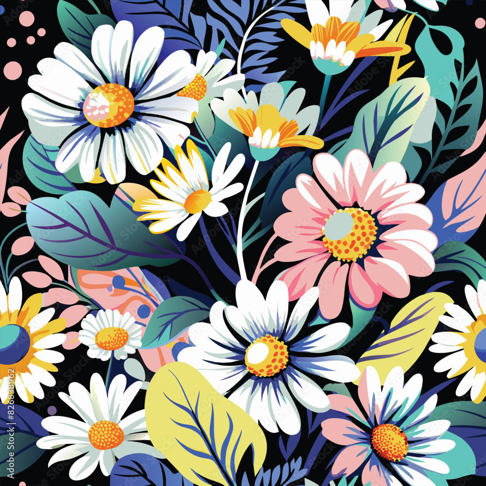Vibrant Floral Pattern with Daisies and Leaves on a Black Background Vibrant Floral Pattern with Daisies and Leaves on a Black Background