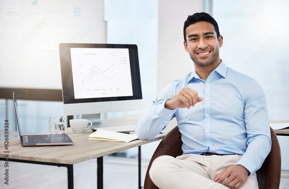 Businessman, portrait and accountant by computer screen in office, finance graphs and employee for budget. Male person, projection and report for feedback, project management and web for networking Businessman, portrait and accountant by computer screen in office, finance graphs and employee for budget. Male person, projection and report for feedback, project management and web for networking