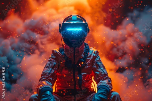 A futuristic astronaut wearing a VR headset in a blazing virtual reality setting