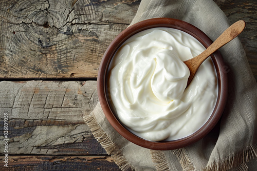 A bowl of Greek yogurt on a wooden table in a top view photo