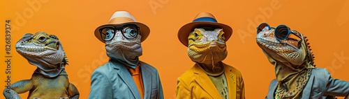 Four anthropomorphic lizards dressed in stylish suits and hats, standing against a bright orange background, showcasing a whimsical and creative concept. photo