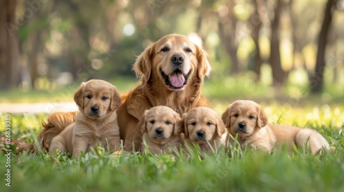 Golden Retriever Family, Adult dog with four puppies in a park, Adorable Canine Portrait