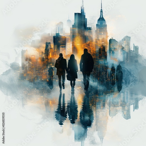 Abstract futuristic city landscape with business people walking on the streets, digital painting with double exposure effect, skyscrapers silhouettes become blurred due to movement photo