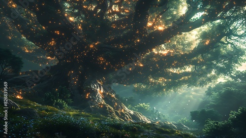 plantbased alien species with chlorophyllrich skin on a forest planet with massive trees and bioluminescent flowers photo