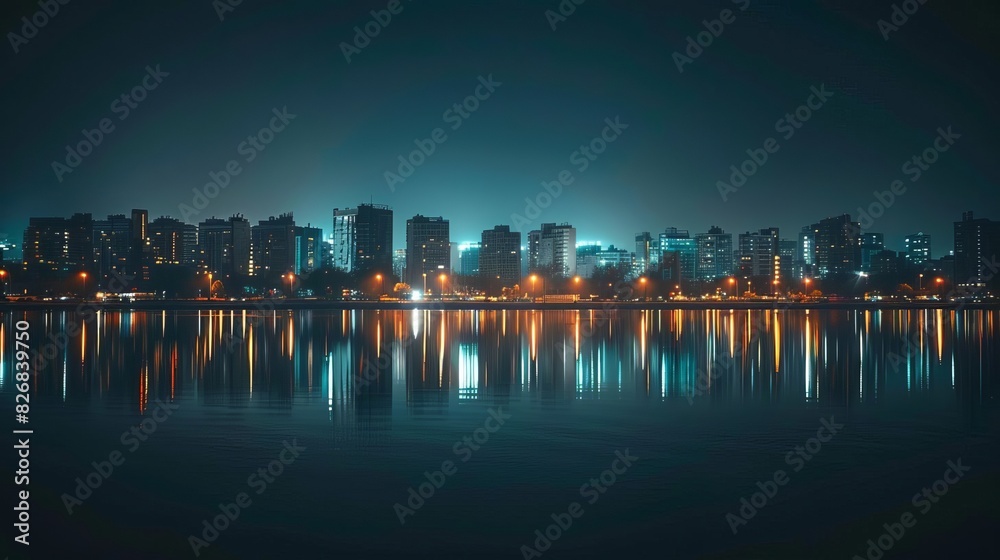 Fototapeta premium Urban skyline at night with glowing city lights reflecting on calm water, showcasing modern architecture and vibrant cityscape.
