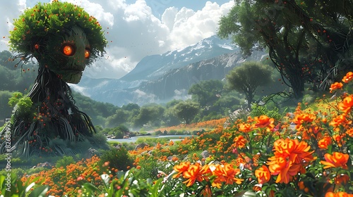 plantbased alien species with chlorophyllrich skin on a forest planet with massive trees and bioluminescent flowers photo