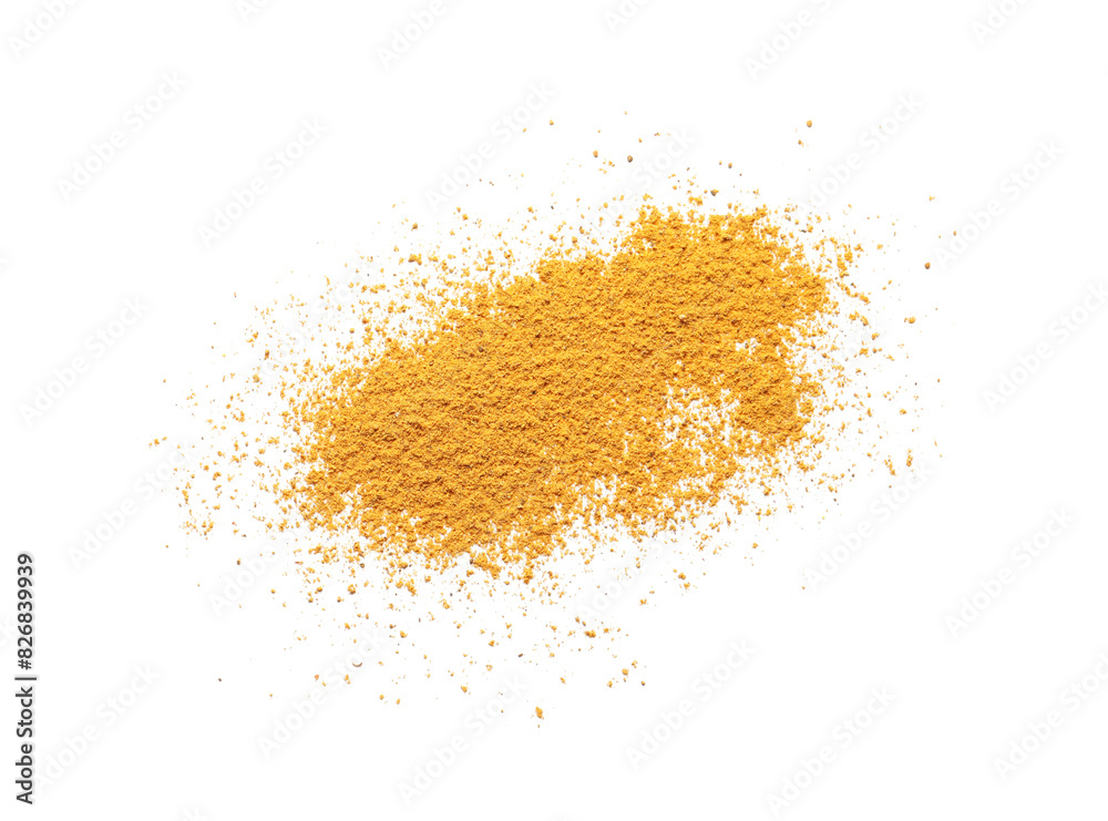 Dry curry powder isolated on white, top view Dry curry powder isolated on white, top view