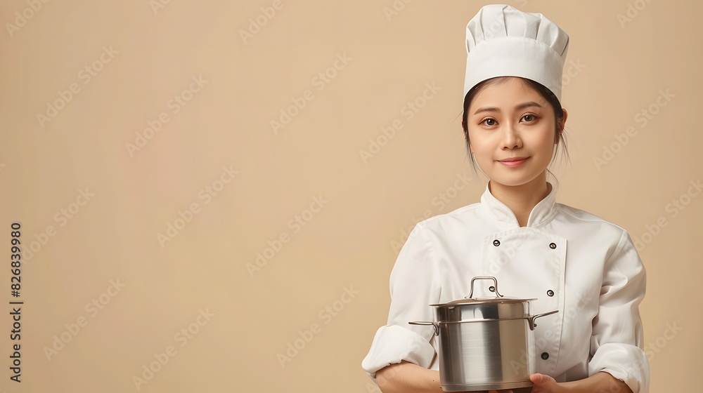 鍋を持つ日本人の女性シェフ 鍋を持つ日本人の女性シェフ