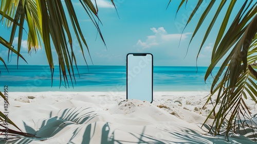 ビーチに置かれたスマートフォンのモックアップ photo