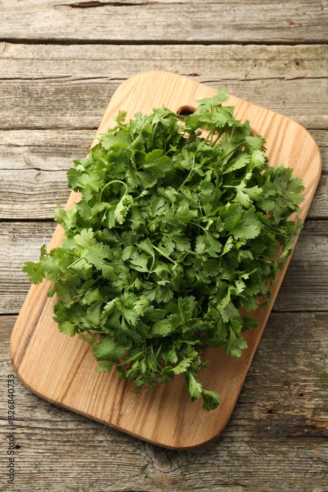 Fresh coriander on wooden table, top view Fresh coriander on wooden table, top view