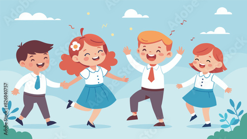 Small children twirling around in their Sunday best oblivious to the morning chill as their parents sing with beaming smiles.. Vector illustration