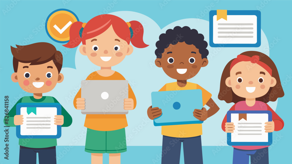 Children proudly receive their certificates of completion equipped with the knowledge and skills to keep themselves safe online.. Vector illustration Children proudly receive their certificates of completion equipped with the knowledge and skills to keep themselves safe online.. Vector illustration