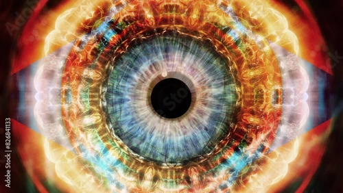 Close-up of a blue human iris with psychedelic multicolored patterns