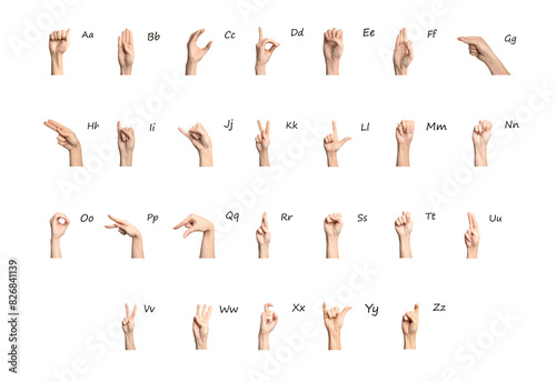 Sign language alphabet. Hand gestures and corresponding letters on white background photo
