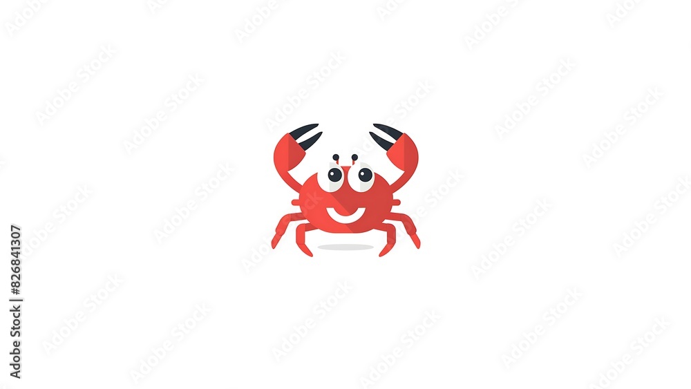 Fototapeta premium Red black crawling sea crab 2 pinchers smiling face. Animal illustration isolated on a white background.