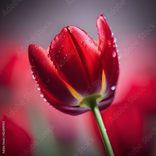 Close up of a vibrant red tulip with dewdrops on the petals5 #826841959