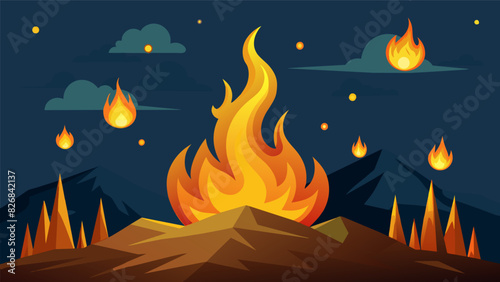 The fiery glow of flames used to extract the oil illuminating the night sky like miniatures suns.. Vector illustration