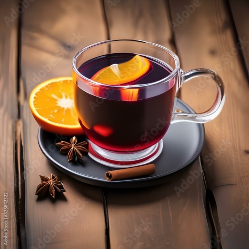 Cup of warm mulled wine with spices and orange slices3 photo