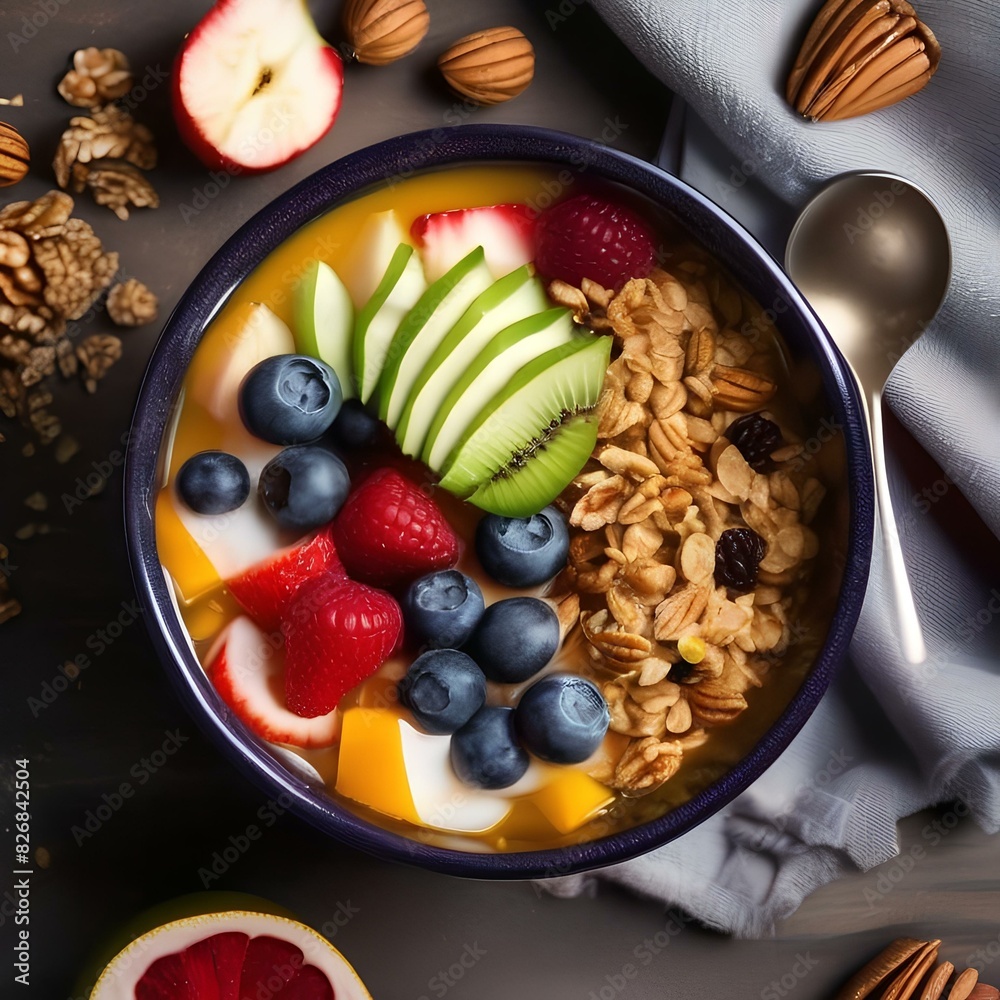 Overhead shot of a healthy breakfast bowl with granola and fresh fruit4 Overhead shot of a healthy breakfast bowl with granola and fresh fruit4