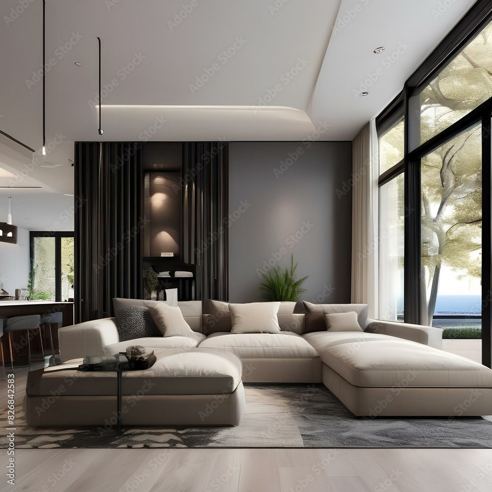 Fototapeta premium Modern living room with a large sectional sofa and abstract art3