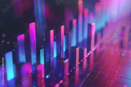 Futuristic abstract colorful 3D bar chart with data visualization elements and glowing lights in a modern digital background.