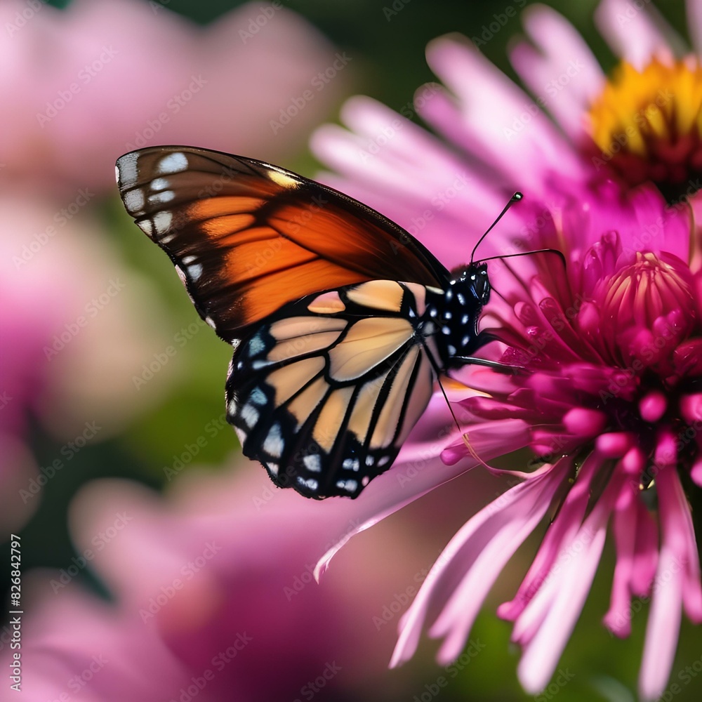 Fototapeta premium Close up of a butterfly on a bright flower, with a blurred background2
