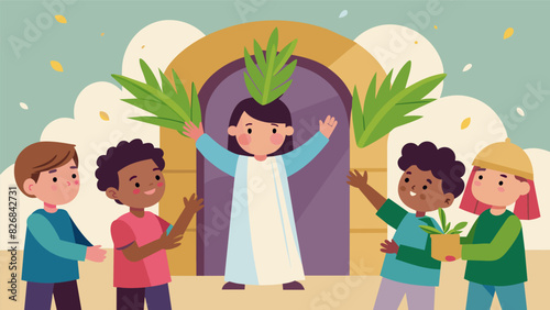 As the children reach the front of the church they joyfully deposit their palms marking the beginning of the Palm Sunday service.. Vector illustration