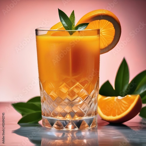 Glass of fresh orange juice with orange slices and ice cubes2 photo