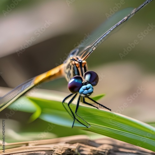 Close up of a dragonfly resting on a blade of grass3 photo