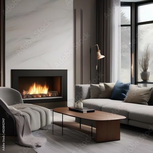 Modern living room with a fireplace and cozy seating area2 photo