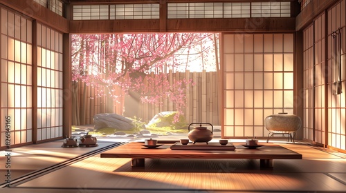 A traditional Japanese room with a view of a Zen garden. The room is furnished with a low table  tatami mats  and a tokonoma alcove.
