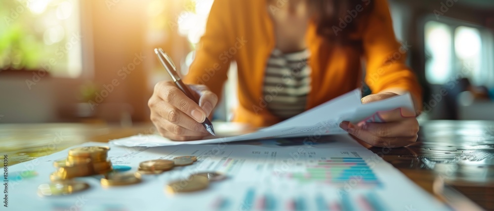 Obraz premium Businesswoman reviewing financial documents and writing notes at desk, business analysis and financial planning concept.