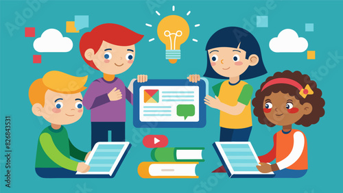 Children working together to create their own interactive ebook using a digital platform with each member contributing their own ideas and multimedia. Vector illustration