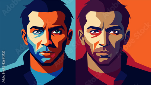 Two selfportraits side by side one in dark shades and harsh lines the other in vibrant colors and soft strokes representing the contrast between. Vector illustration