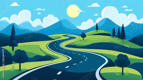 Colorful illustration of a long winding road in a vast landscape © Graphic Resources