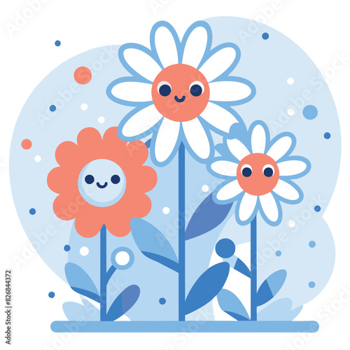 Three Smiling Flowers with Blue Stems and Leaves