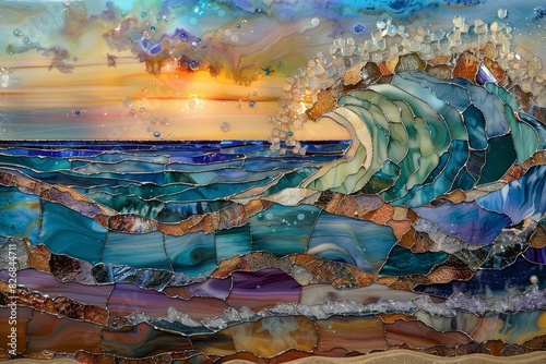 ocean waves made of stain glass crashing on a beach  wallpaper