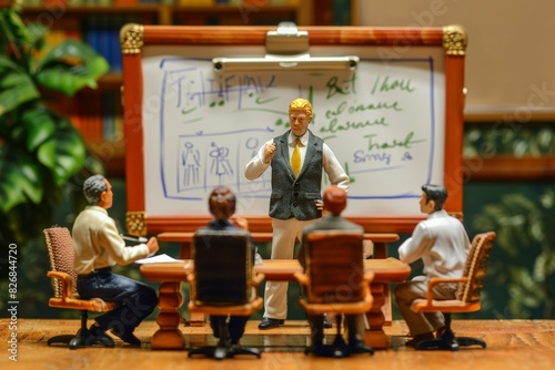 office meeting with manager in front of white board, employees sitting around table, Collectible figure made out of resin 