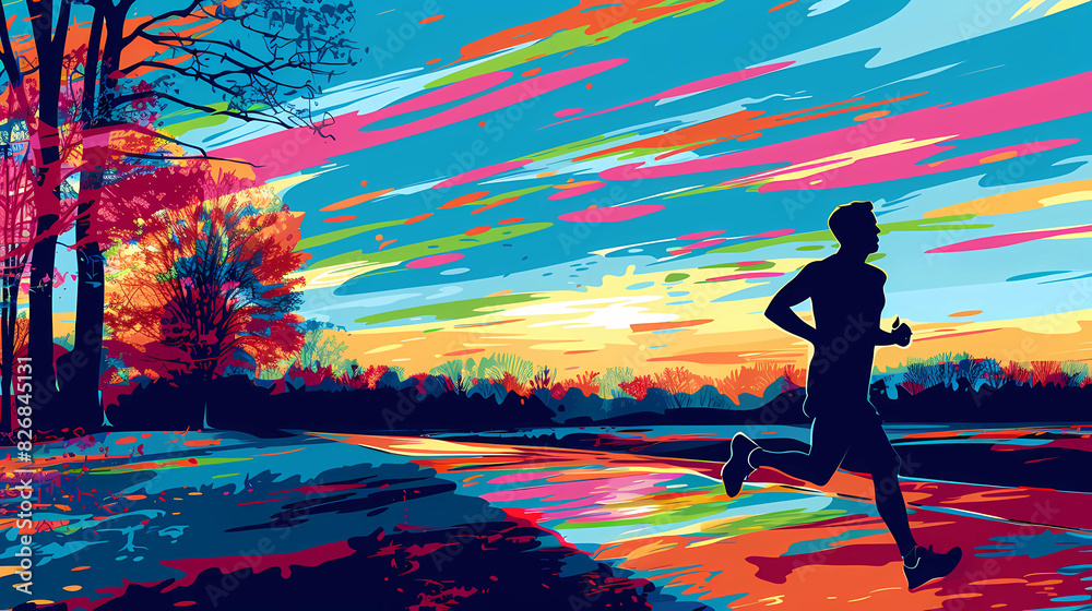 Colorful illustration of a runner, jogging in nature