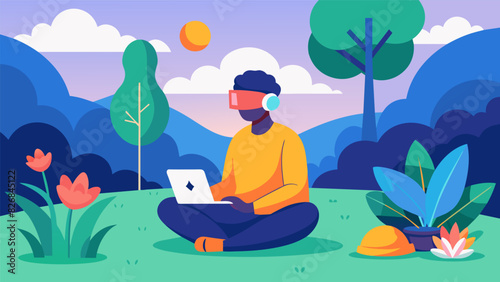 A person taking advantage of their lunch break by doing a calming virtual meditation session in a picturesque virtual garden through their mobile VR. Vector illustration