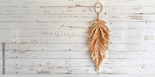 light brown macrame hanging wall hanging made of raffia in the shape of a feather hangs from a loop on a white wooden wall photo