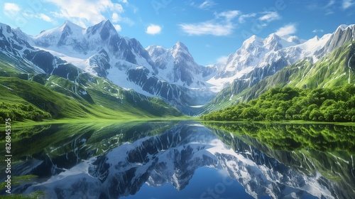 A 3D-rendered mountain range with snow-capped peaks, lush valleys, and a crystal-clear lake reflecting the surrounding landscape 32k, full ultra hd, high resolution © Bilal