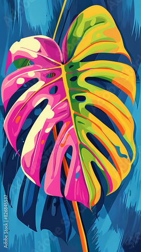 Colorful art illustration of a monstera deliciosa leaf photo
