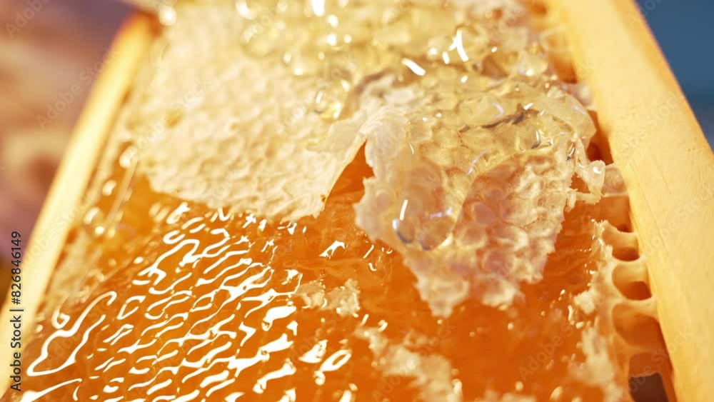 Apiarist unseal honeycomb frame with knife. Organic honey flows, tasty process.