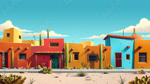 Illustration of colorful adobe houses in the desert photo