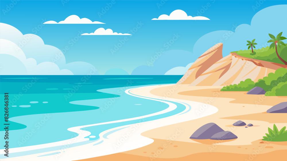 A peaceful beach with crystal clear water and white sand where individuals can take a mindful walk and listen to the calming sound of the waves.. Vector illustration