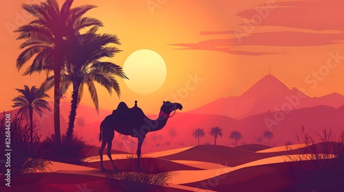arabesque web horizontal banner  camel and palm tree silhouette  beautiful sunlight  sunset  sunrise  islamic background template illustration vector 