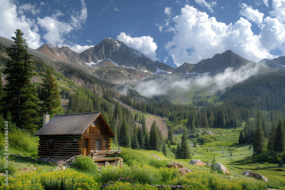 Log cabin in a mountain landscape, ideal for camping vacations to relax and unwind, perfect wallpaper with copy space for travel adventures